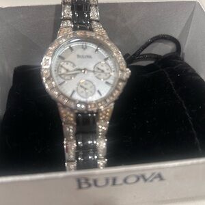 Bulova Women's Silver and Black Crystal Watch